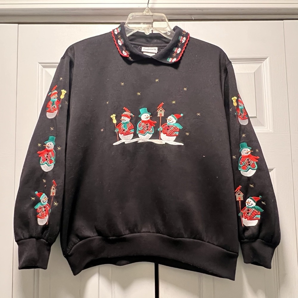 Vintage Snowman Christmas Collared Crewneck Sweatshirt 90s Medium Petite Black
